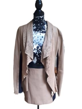 SAS Beige Tan Leather Drape Front Jacket With Black Detail And Matching Skirt